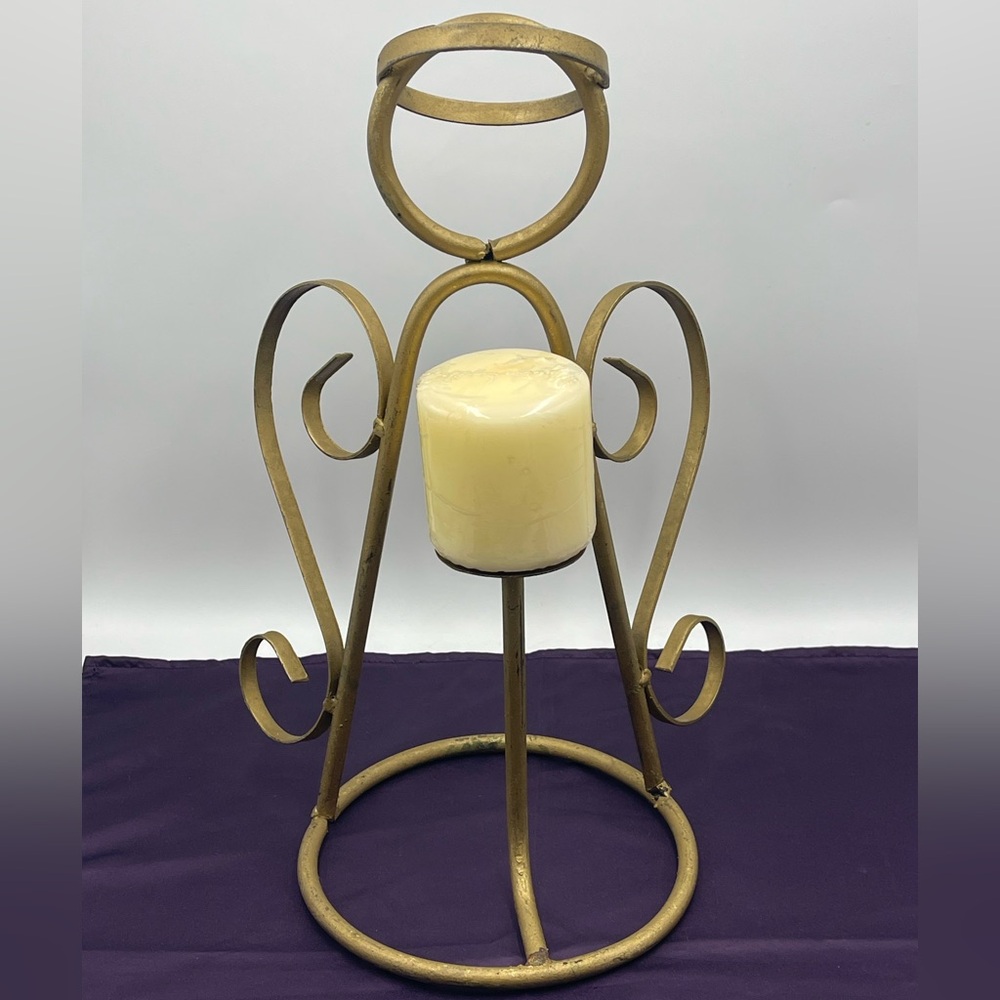 Vintage Angel w/  Halo & Scroll Wings: 16” Gilt Brass Metal Pillar Candle Holder